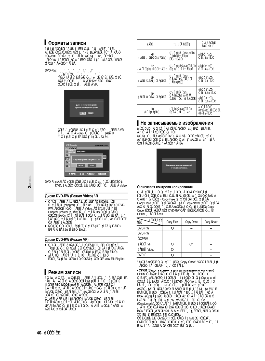 Samsung DVD-R130/SEO manual Îóï‡Ú˚ Á‡Ôëòë, Êâêëï Á‡Ôëòë, ÇÂ Á‡ÔËÒ˚‚‡ÂÏ˚Â ËÁÓ·‡ÊÂÌËﬂ, 40- êÛÒÒÍËÈ 