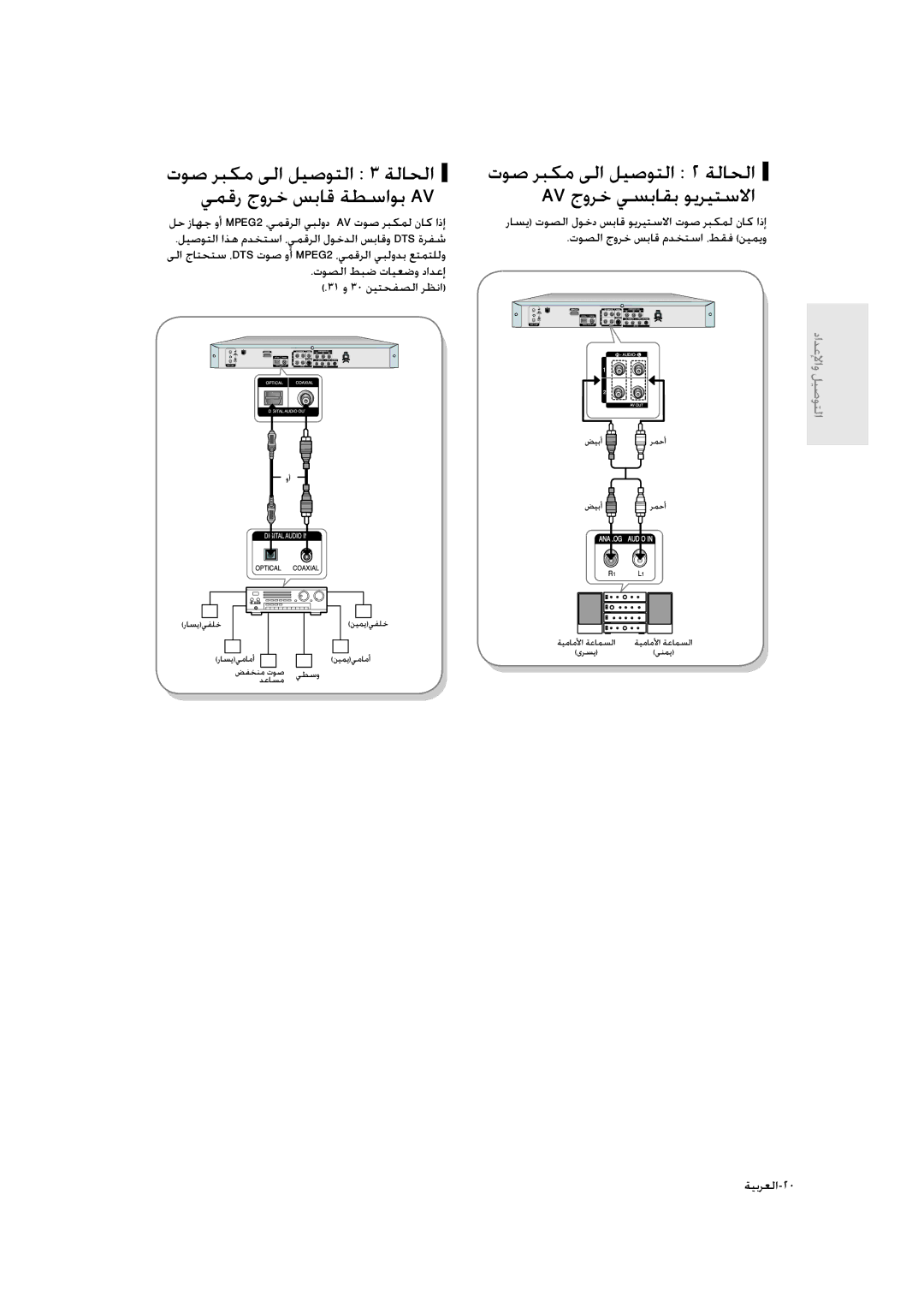 Samsung DVD-R135/XSG, DVD-R135/HAC, DVD-R135/UMG manual تﻮﺻ ﺮﺒﻜﻣ ﻰﻟا ﻞﻴﺻﻮﺘﻟا ٢ ﺔﻟﺎﺤﻟا AV جوﺮﺧ ﻲﺴﺑﺎﻘﺑ ﻮﻳﺮﻴﺘﺳﻻا, ﺔﻴﺑﺮﻌﻟا-٢٠ 