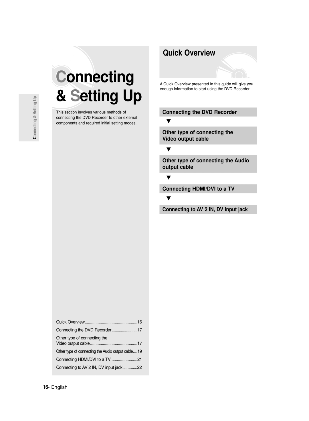 Samsung DVD-R135/UMG Quick Overview, This section involves various methods, Connecting the DVD Recorder to other external 