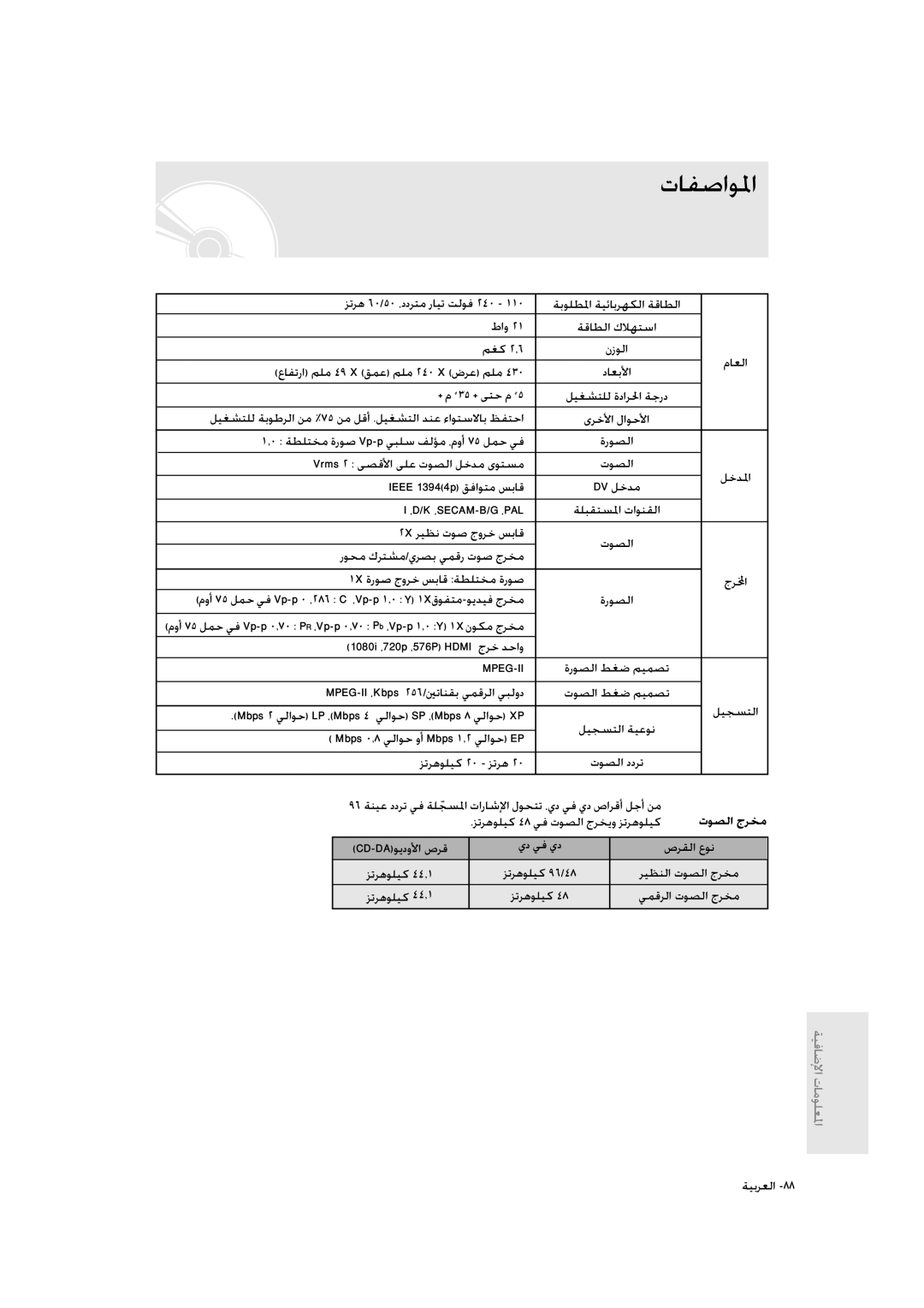 Samsung DVD-R135/UMG, DVD-R135/HAC, DVD-R135/XSG manual تﺎﻔﺻاﻮﳌا, تﻮﺼﻟا جﺮﺨﻣ 