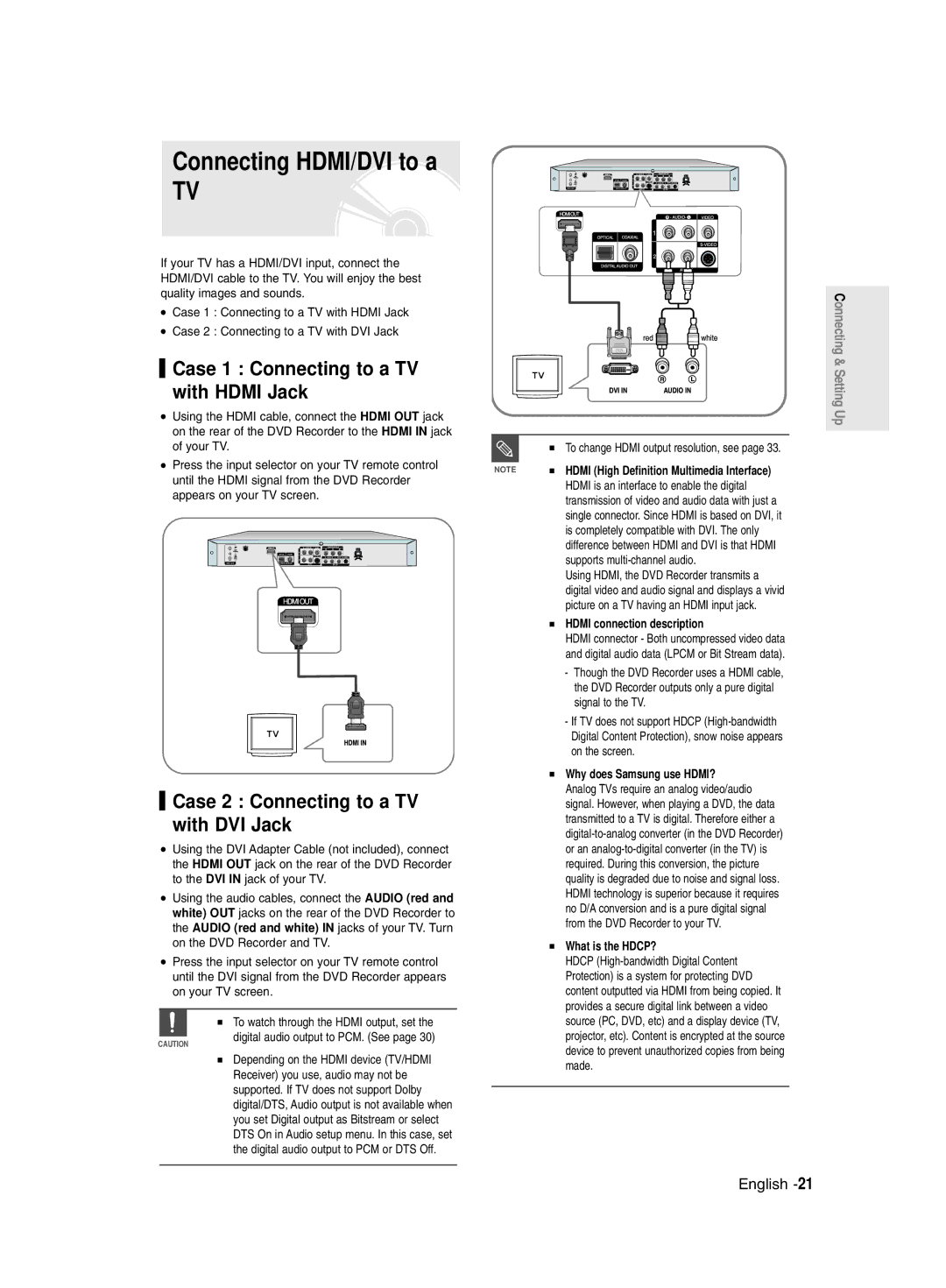 Samsung DVD-R135/HAC manual Connecting HDMI/DVI to a, Case 1 Connecting to a TV with Hdmi Jack, Case 2 Connecting to a TV 