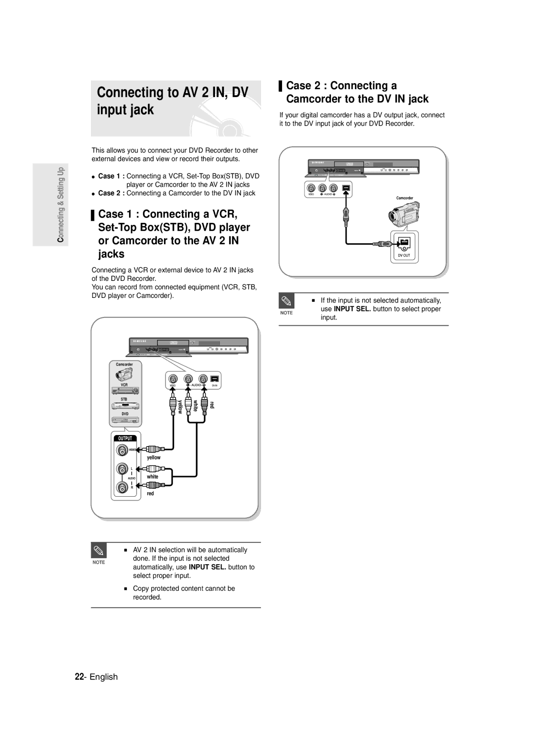 Samsung DVD-R135/UMG, DVD-R135/HAC Connecting to AV 2 IN, DV input jack, Case 2 Connecting a Camcorder to the DV in jack 