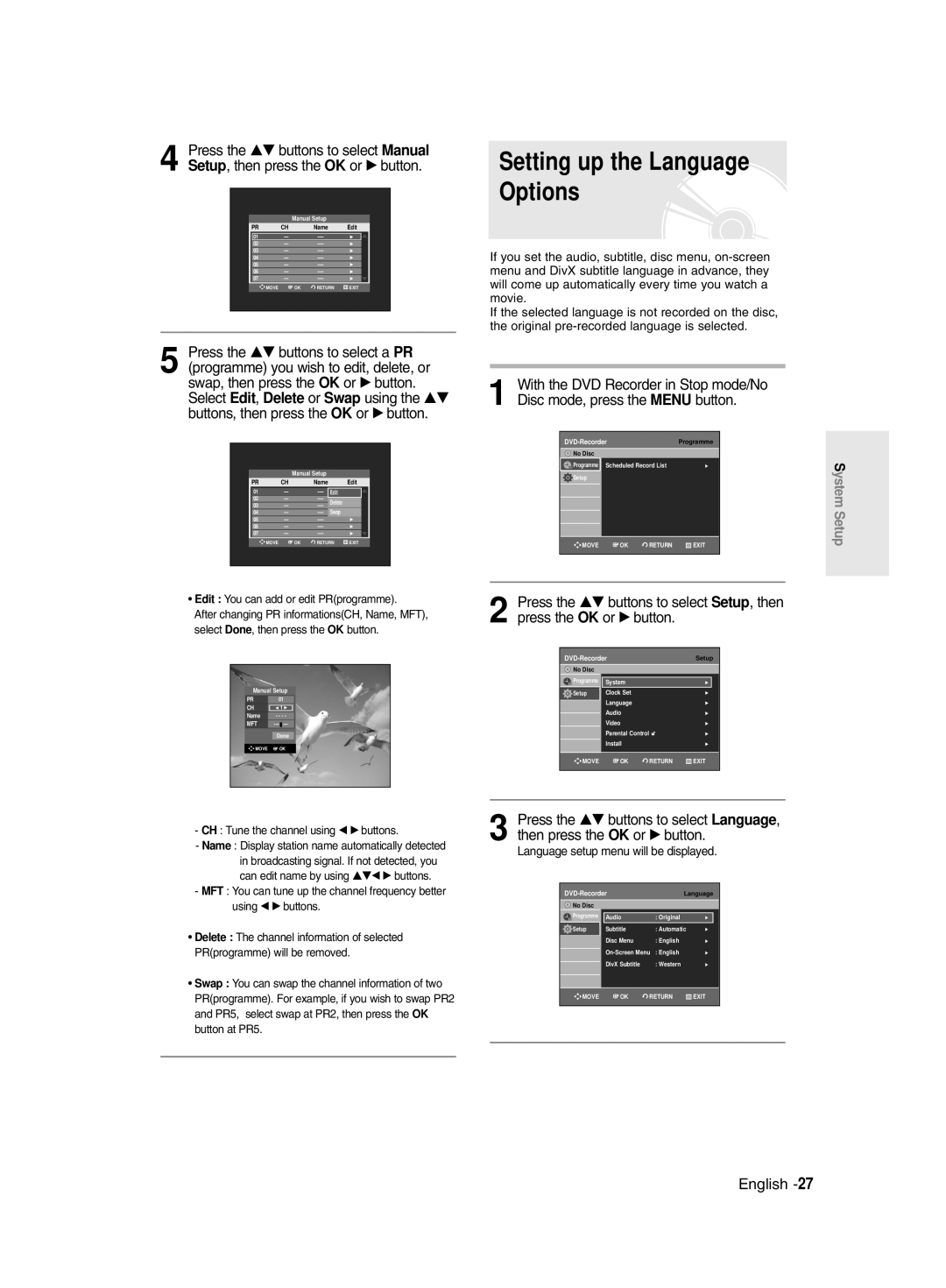 Samsung DVD-R135/HAC, DVD-R135/UMG, DVD-R135/XSG manual Setting up the Language Options, Edit You can add or edit PRprogramme 