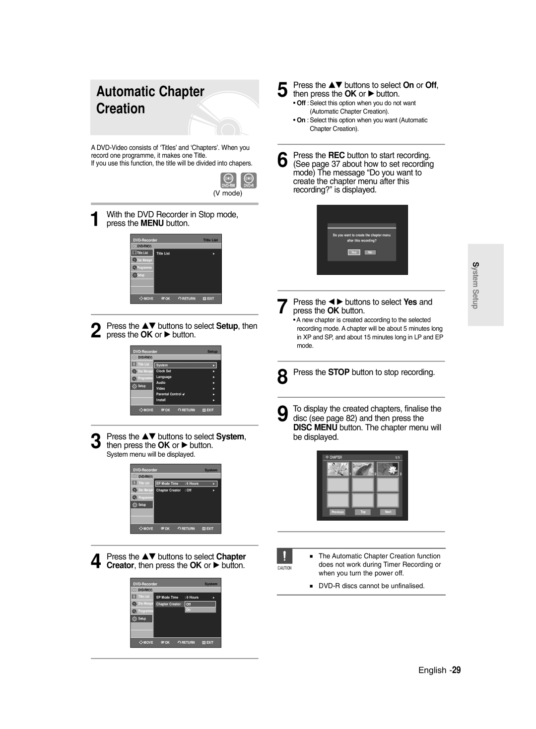 Samsung DVD-R135/XSG, DVD-R135/HAC Automatic Chapter Creation, With the DVD Recorder in Stop mode, press the Menu button 