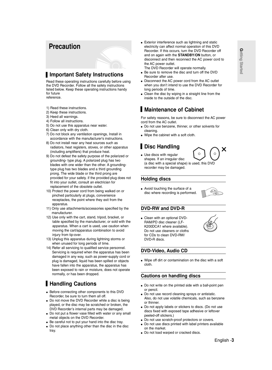 Samsung DVD-R135/HAC Precaution, Important Safety Instructions, Handling Cautions, Maintenance of Cabinet, Disc Handling 