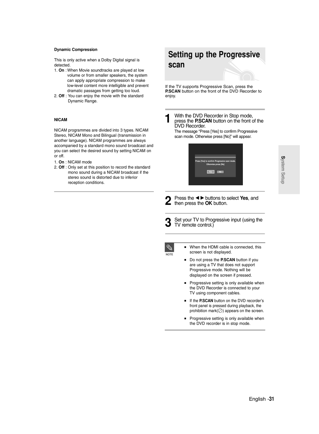 Samsung DVD-R135/UMG, DVD-R135/HAC, DVD-R135/XSG manual Setting up the Progressive scan, Dynamic Compression 