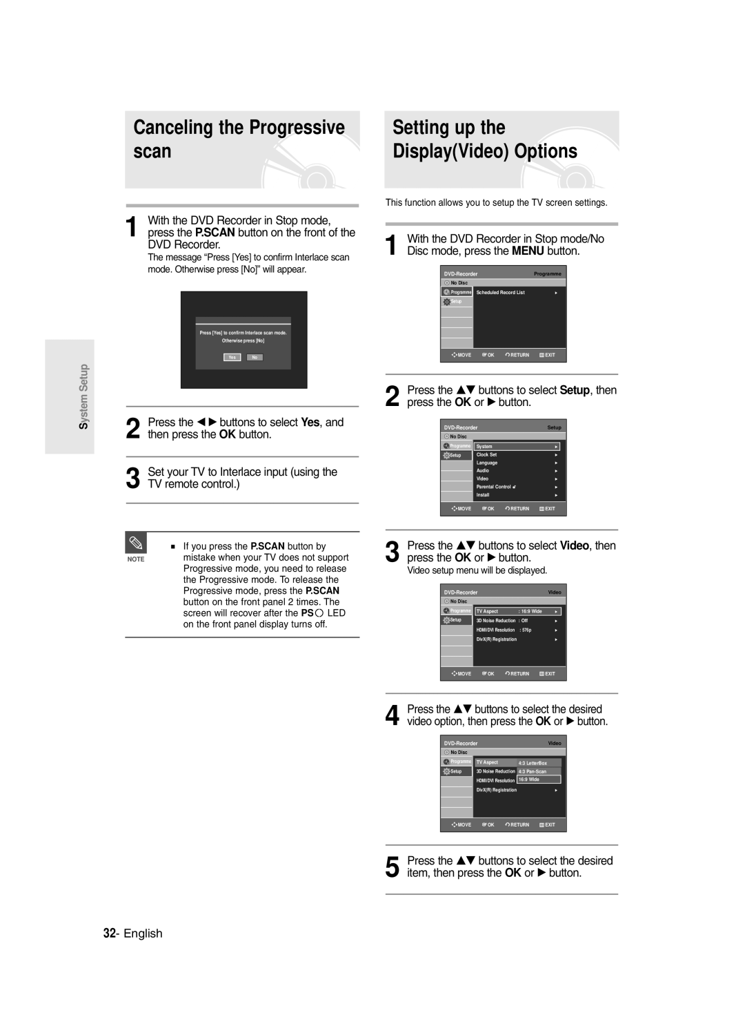 Samsung DVD-R135/XSG manual Canceling the Progressive scan, This function allows you to setup the TV screen settings 