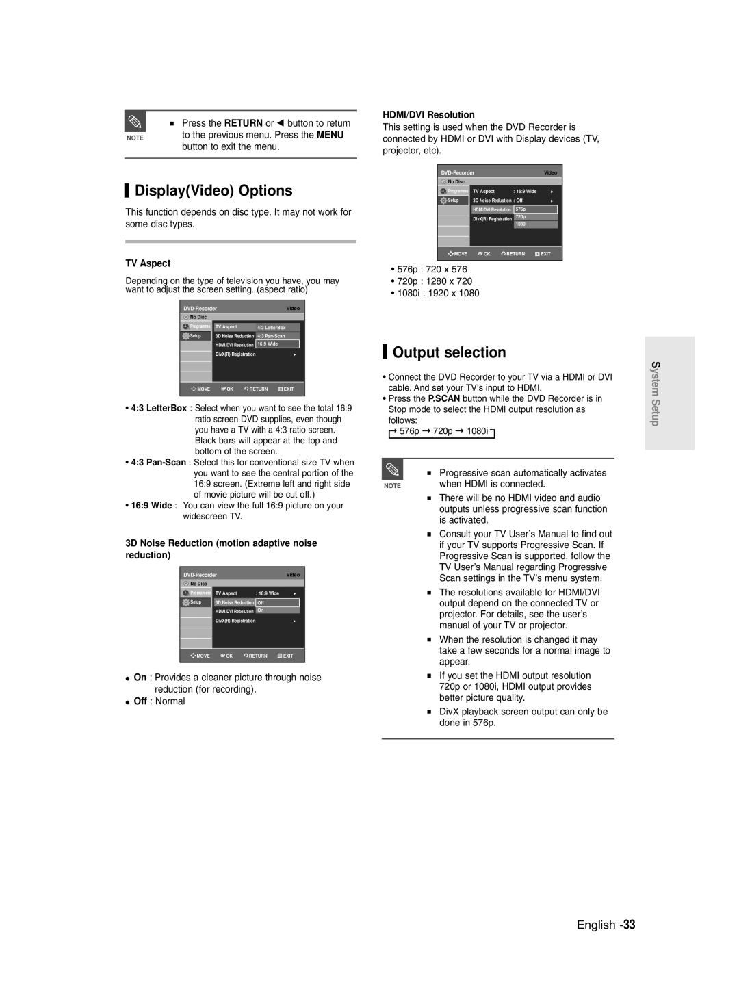 Samsung DVD-R135/HAC DisplayVideo Options, Output selection, TV Aspect, 3D Noise Reduction motion adaptive noise reduction 