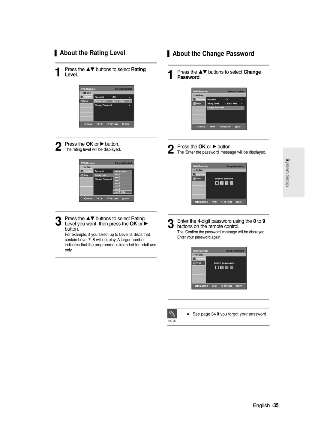 Samsung DVD-R135/XSG manual About the Rating Level, About the Change Password, Press the …† buttons to select Rating Level 