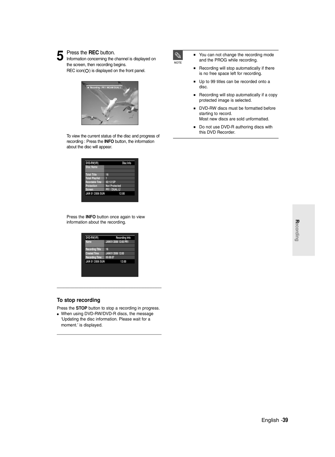 Samsung DVD-R135/HAC, DVD-R135/UMG, DVD-R135/XSG manual Press the REC button 