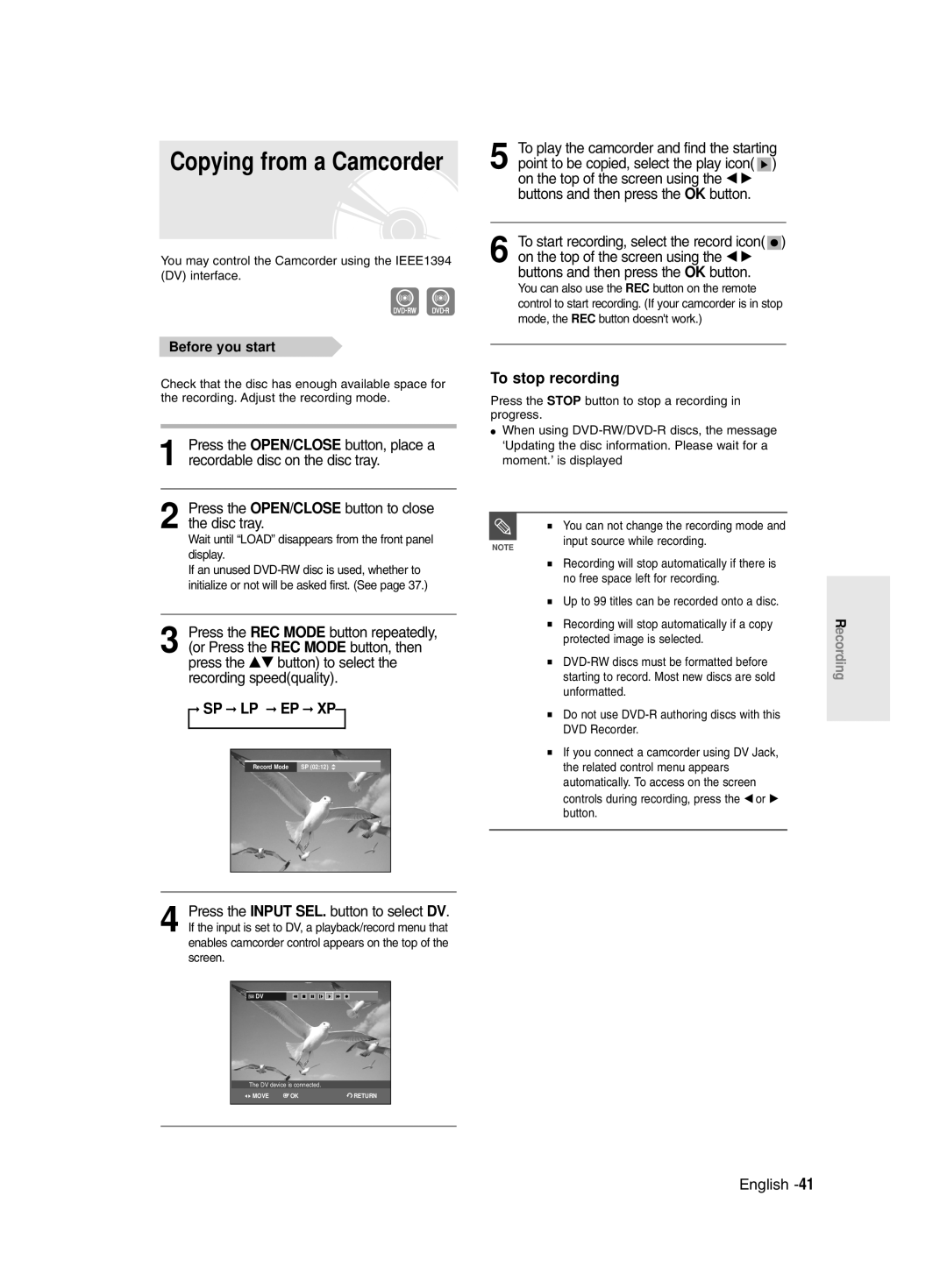 Samsung DVD-R135/XSG, DVD-R135/HAC, DVD-R135/UMG manual Copying from a Camcorder 