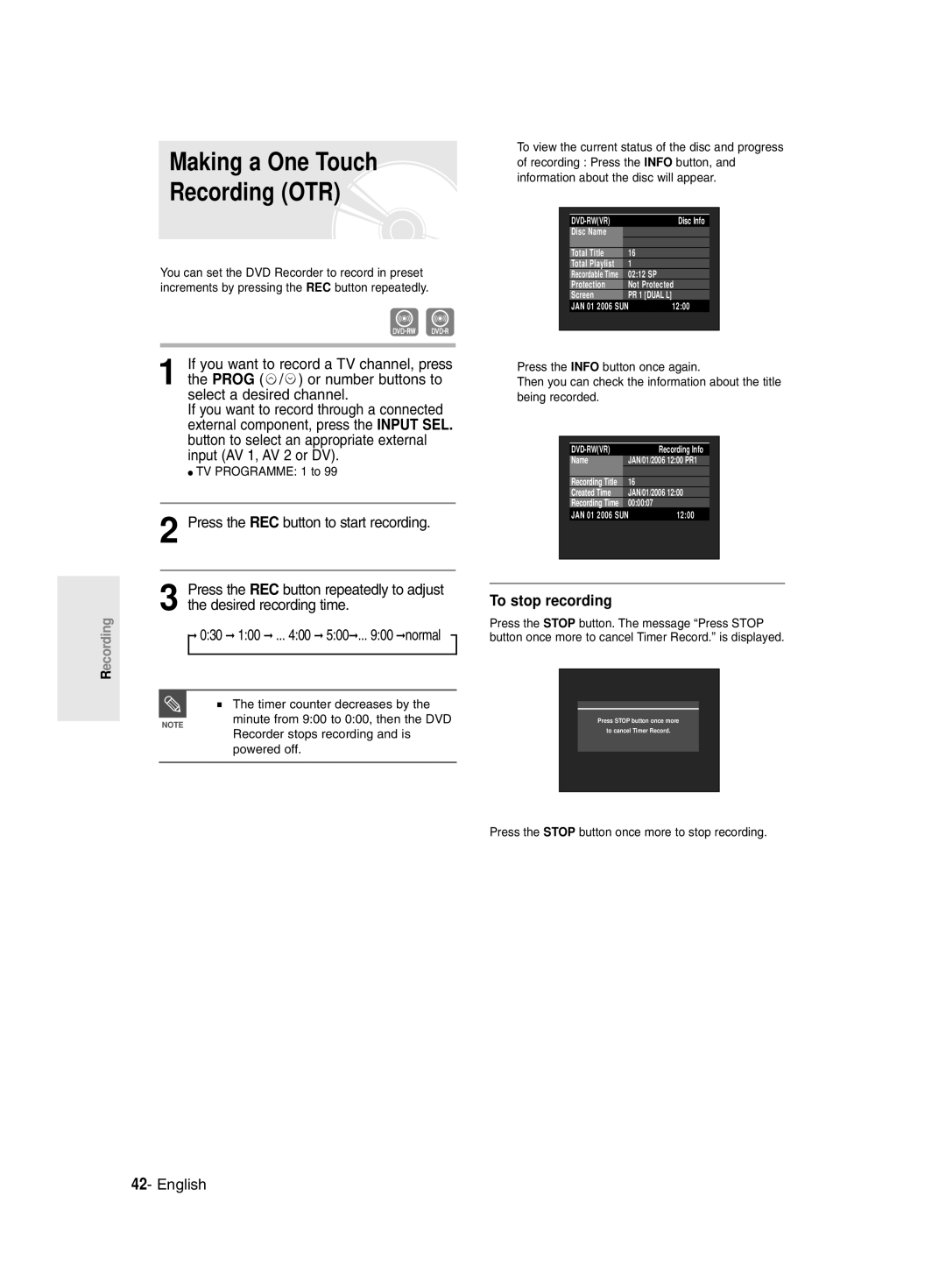 Samsung DVD-R135/HAC, DVD-R135/UMG, DVD-R135/XSG manual Making a One Touch Recording OTR, TV Programme 1 to 