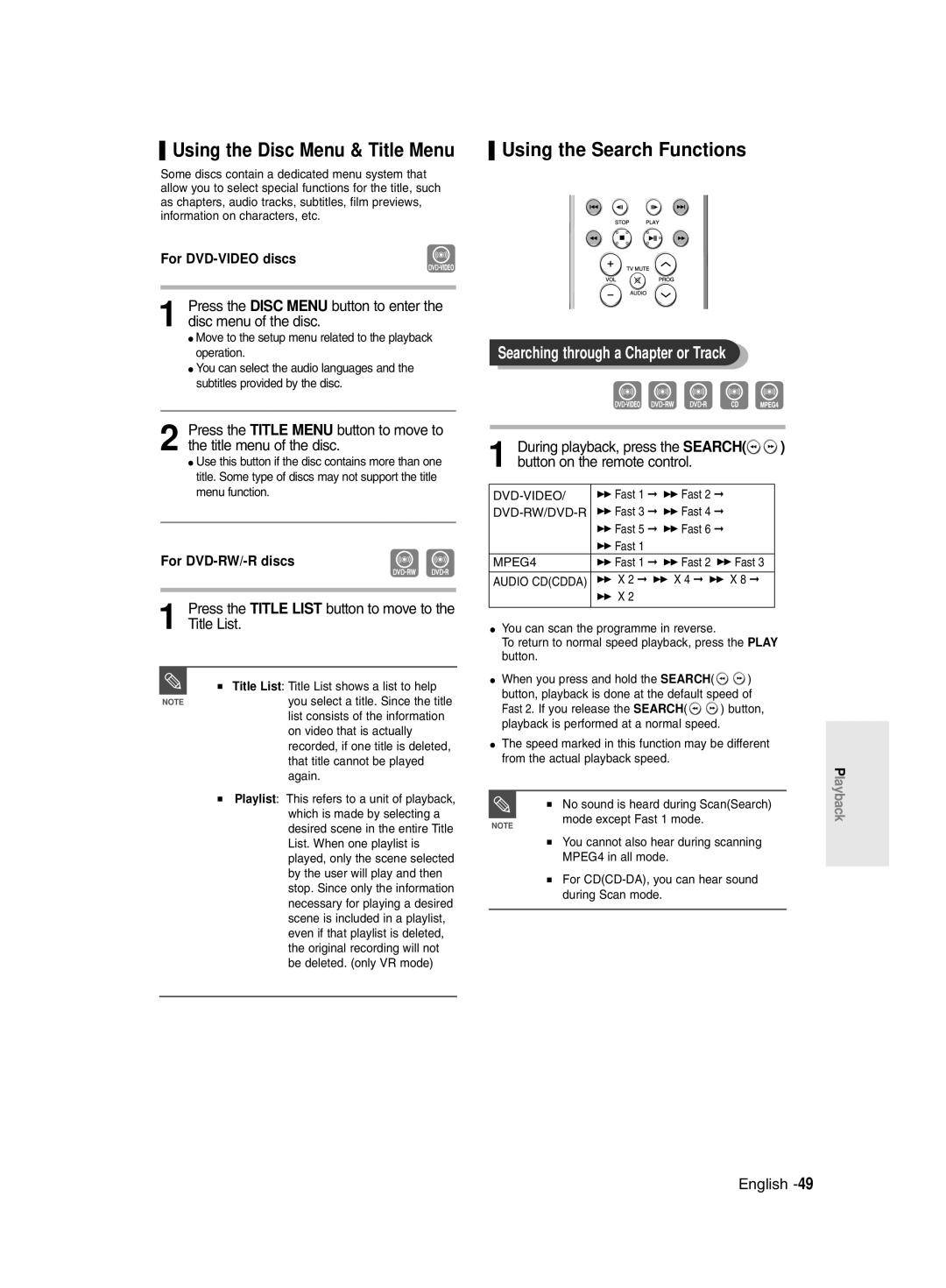 Samsung DVD-R135/UMG Using the Disc Menu & Title Menu, Using the Search Functions, Searching through a Chapter or Track 