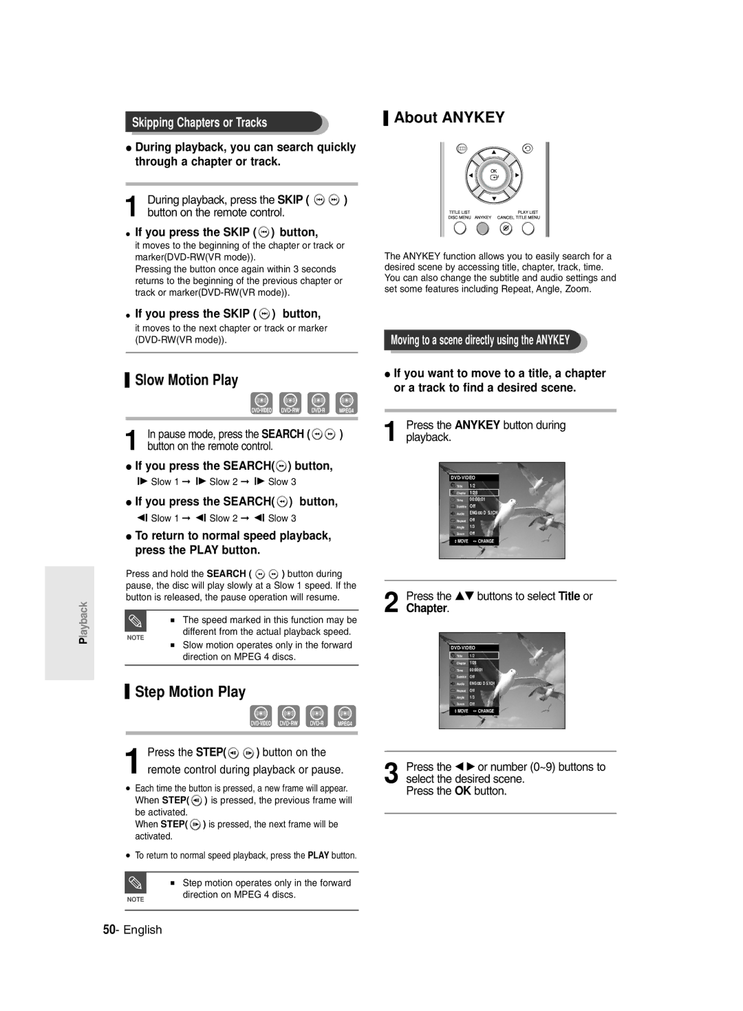 Samsung DVD-R135/XSG, DVD-R135/HAC manual Slow Motion Play, Step Motion Play, About Anykey, Skipping Chapters or Tracks 