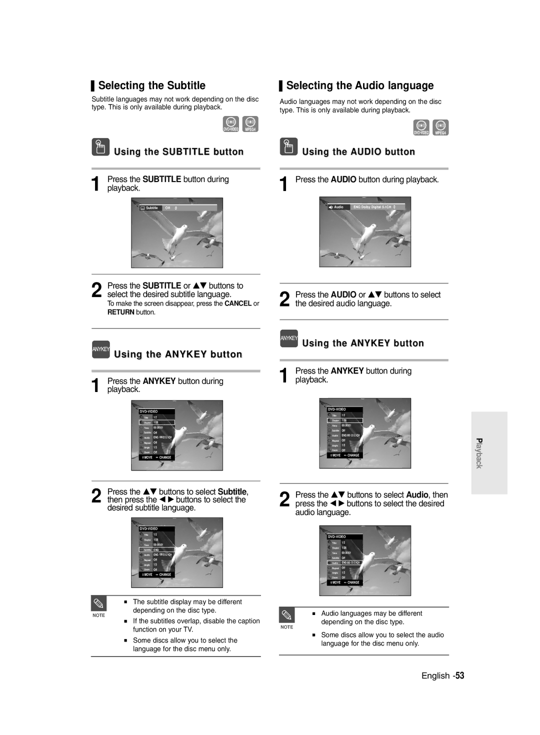 Samsung DVD-R135/XSG manual Selecting the Subtitle, Selecting the Audio language, Press the Subtitle button during playback 