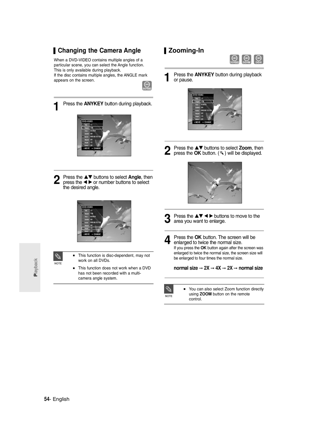 Samsung DVD-R135/HAC, DVD-R135/UMG, DVD-R135/XSG manual Changing the Camera Angle Zooming-In, Or pause 