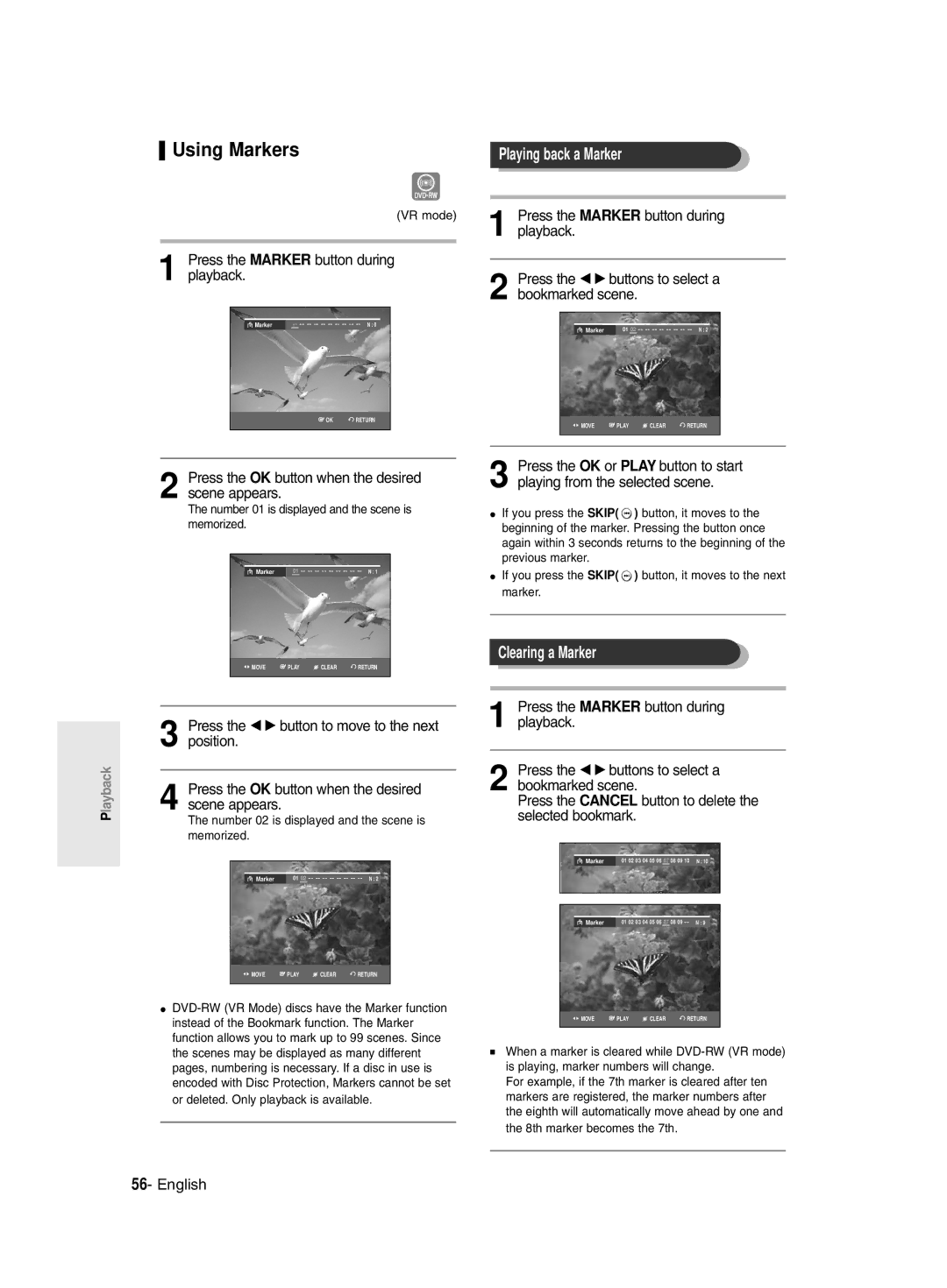 Samsung DVD-R135/XSG, DVD-R135/HAC, DVD-R135/UMG manual Using Markers, Playing back a Marker, Clearing a Marker 