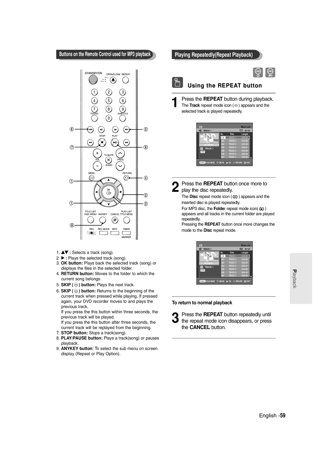 Samsung DVD-R135/XSG, DVD-R135/HAC, DVD-R135/UMG manual Buttons on the Remote Control used for MP3 playback 