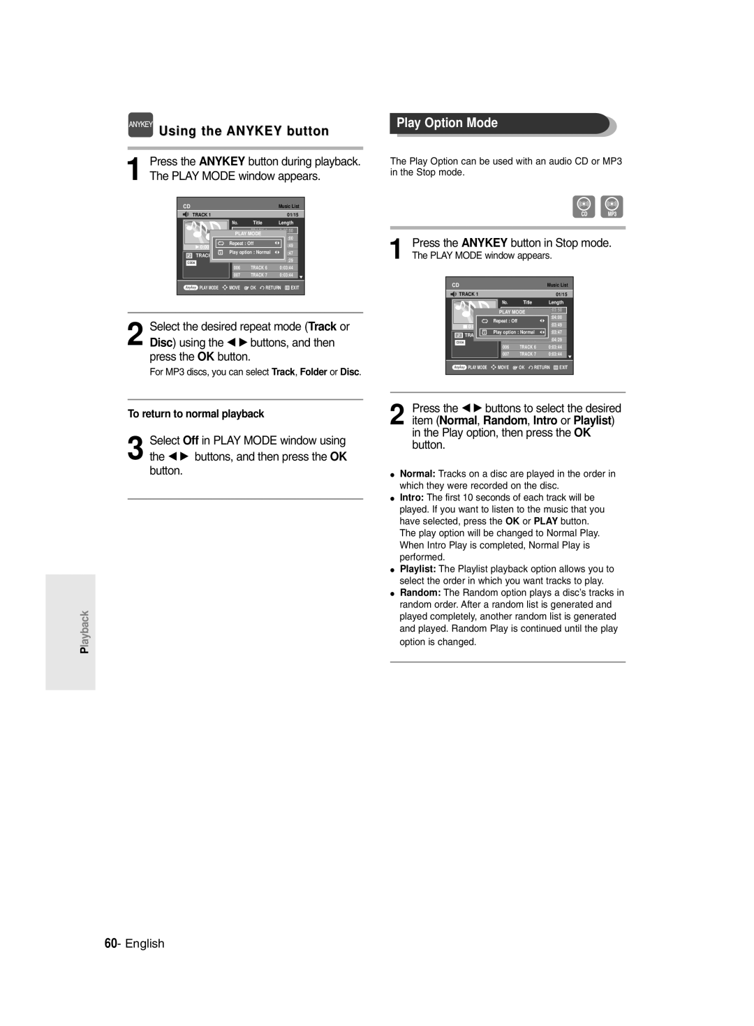 Samsung DVD-R135/HAC, DVD-R135/UMG, DVD-R135/XSG manual Play Option Mode, For MP3 discs, you can select Track, Folder or Disc 