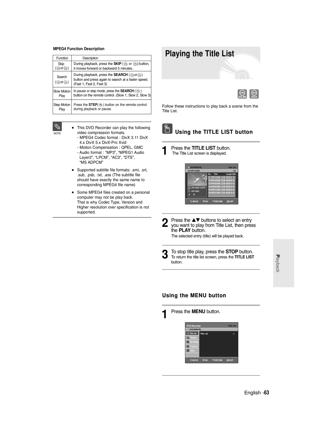 Samsung DVD-R135/HAC Playing the Title List, Press the Menu button, MPEG4 Function Description, Video compression formats 