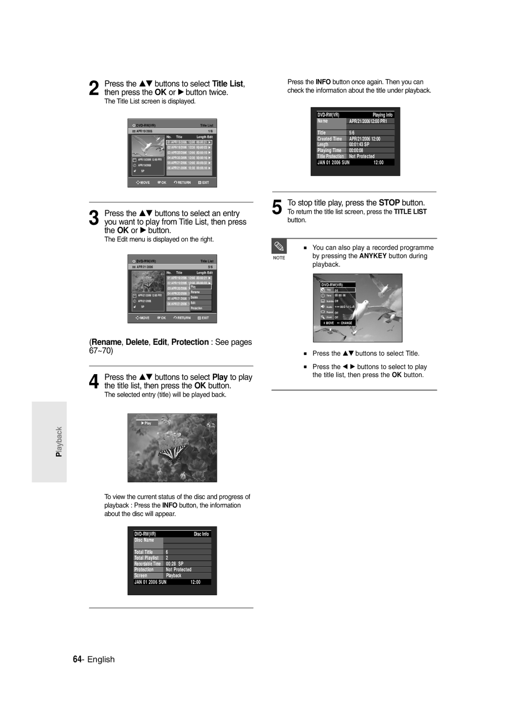 Samsung DVD-R135/UMG, DVD-R135/HAC, DVD-R135/XSG manual Title List screen is displayed, Edit menu is displayed on the right 