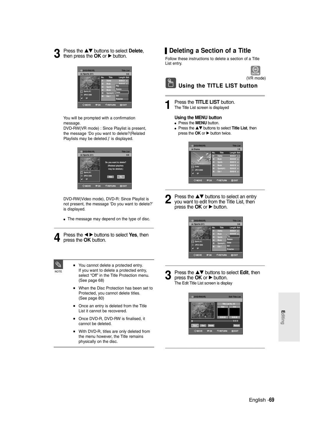 Samsung DVD-R135/HAC, DVD-R135/UMG manual Deleting a Section of a Title, You will be prompted with a confirmation message 