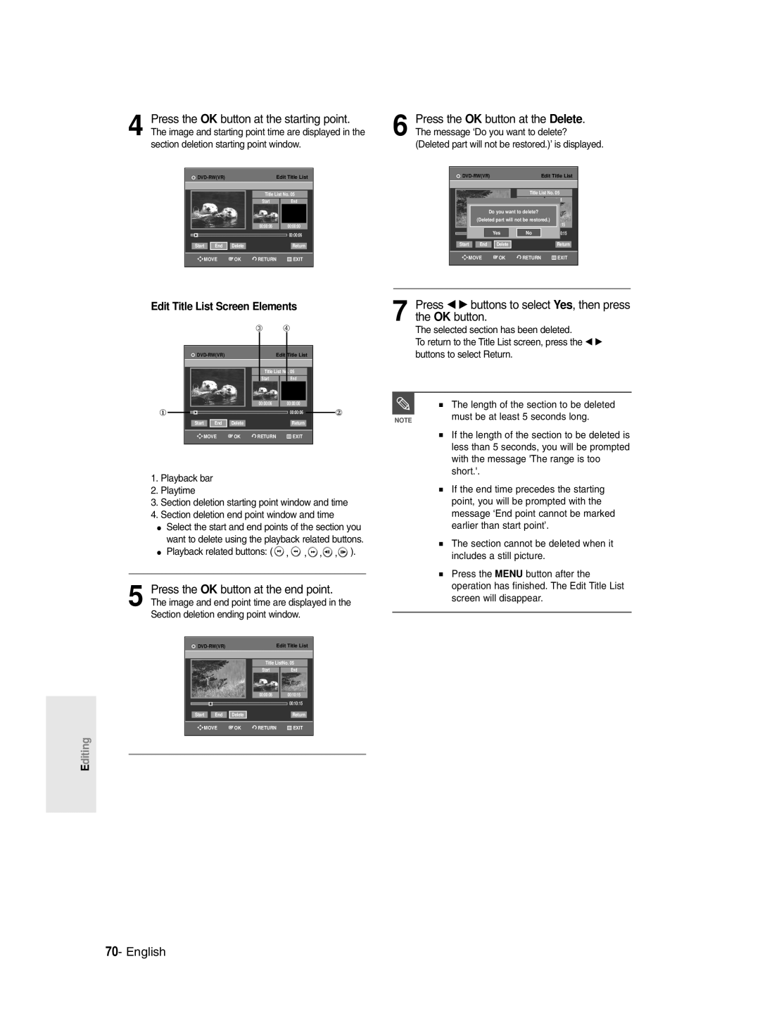 Samsung DVD-R135/UMG, DVD-R135/HAC manual Press the OK button at the starting point, Press the OK button at the end point 