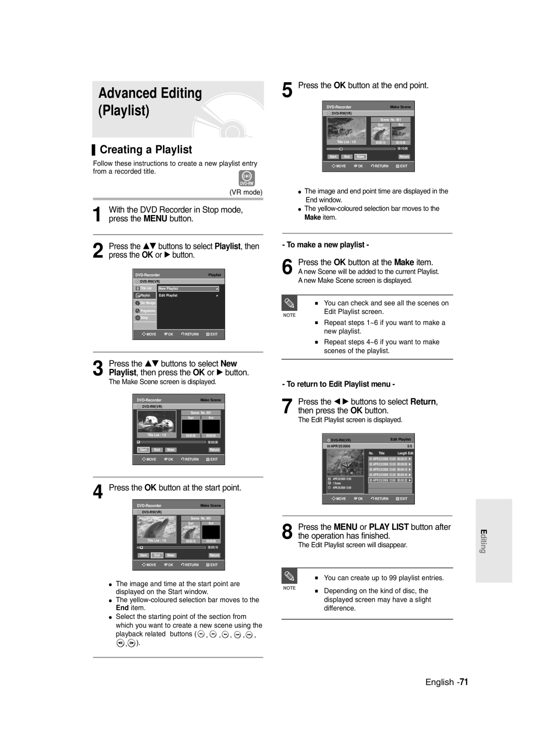 Samsung DVD-R135/XSG, DVD-R135/HAC, DVD-R135/UMG manual Creating a Playlist, Press the OK button at the start point 