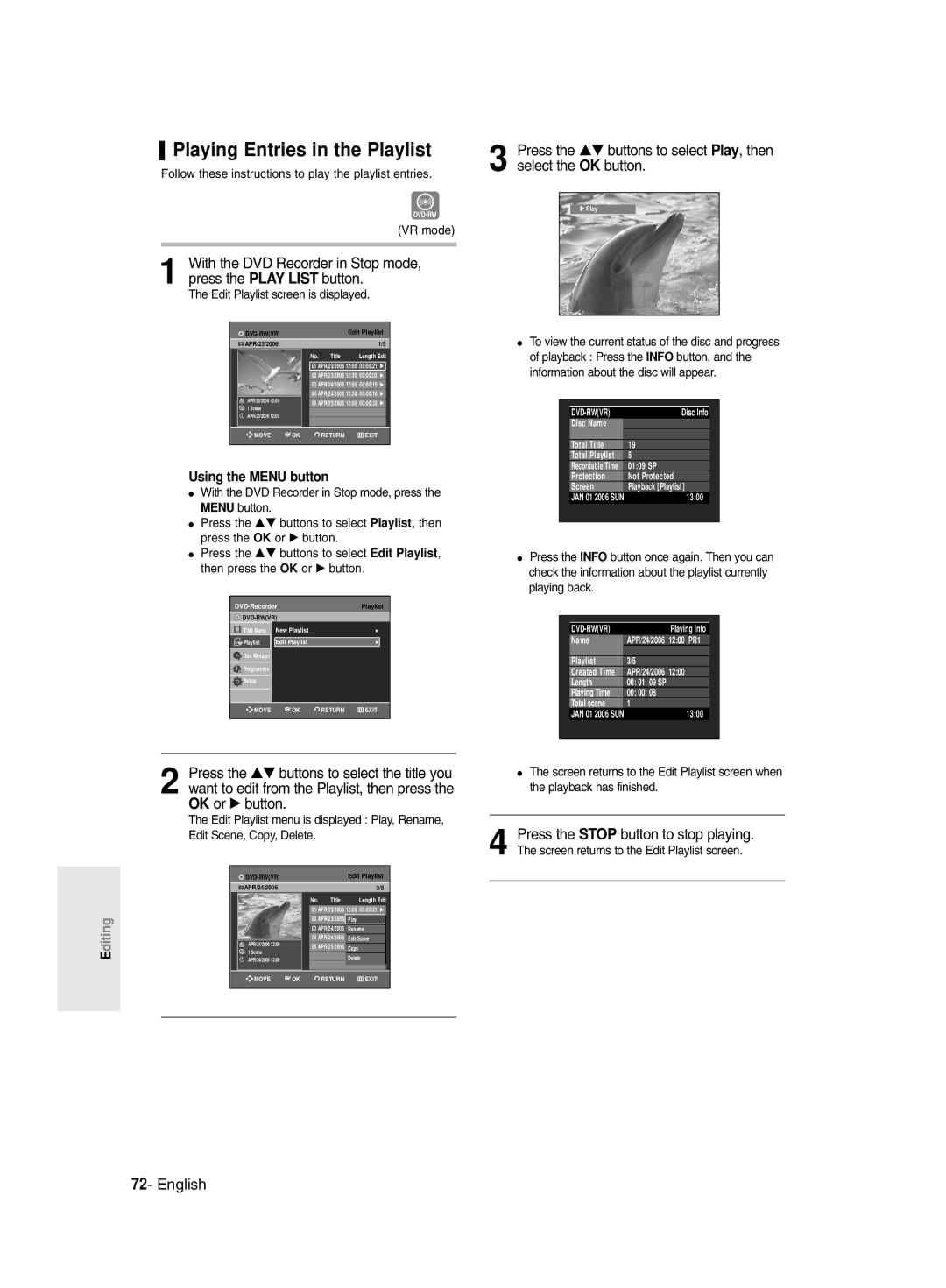 Samsung DVD-R135/HAC, DVD-R135/UMG, DVD-R135/XSG manual Playing Entries in the Playlist, APR/23/2006 Title 