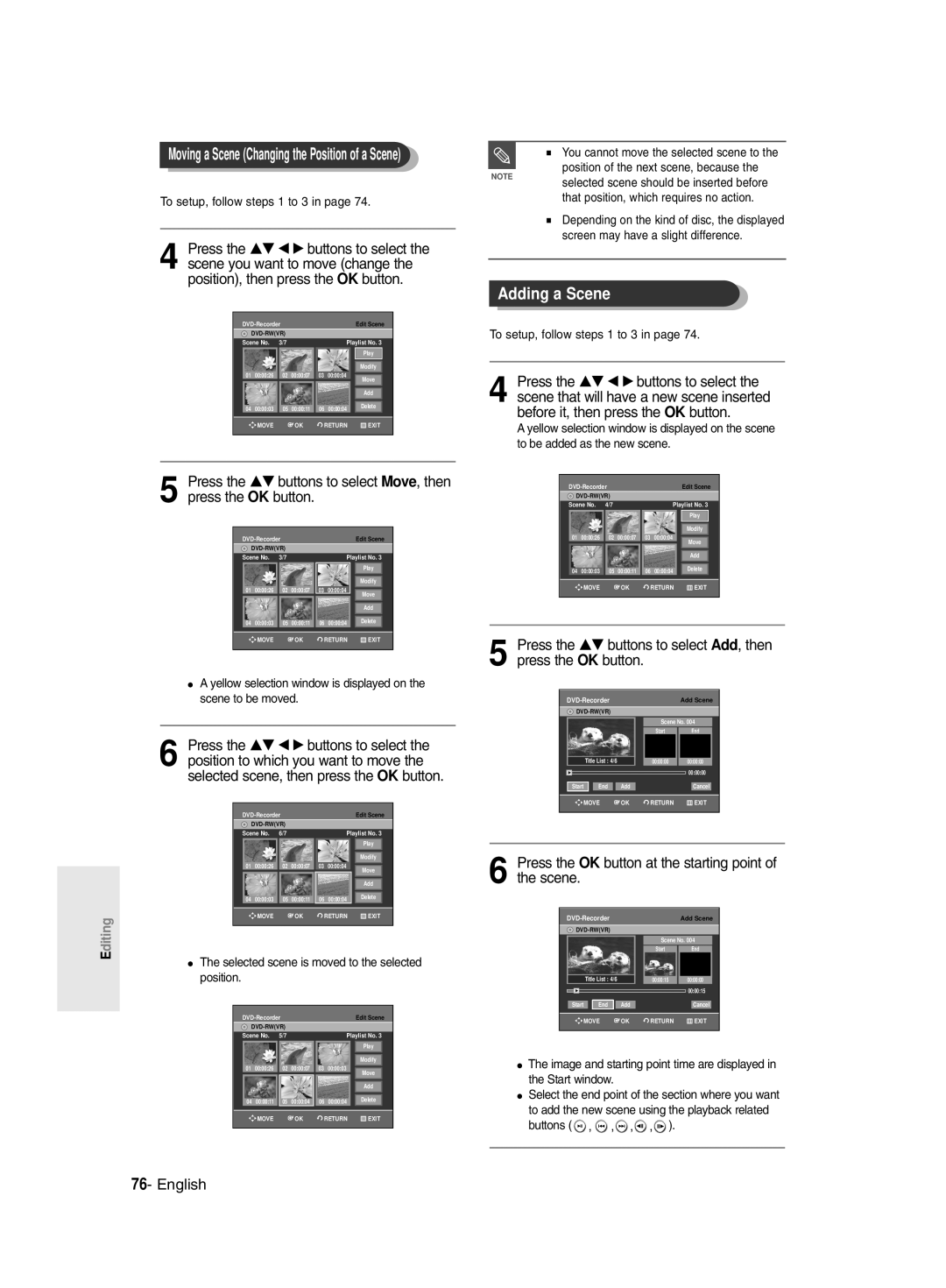 Samsung DVD-R135/UMG, DVD-R135/HAC, DVD-R135/XSG Adding a Scene, Press the OK button at the starting point of the scene 