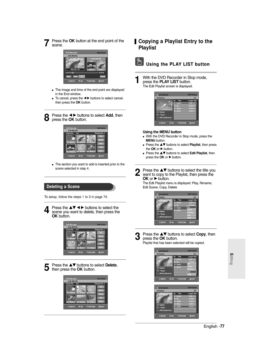 Samsung DVD-R135/XSG manual Copying a Playlist Entry to the Playlist, Deleting a Scene, To setup, follow the steps 1 to 3 