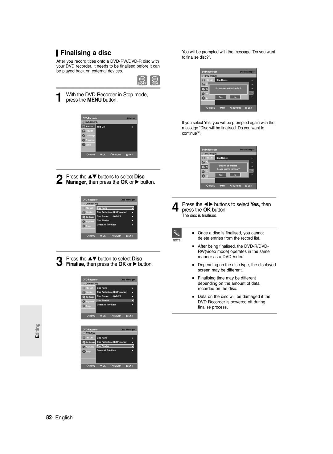 Samsung DVD-R135/UMG, DVD-R135/HAC, DVD-R135/XSG manual Finalising a disc, Disc is finalised 