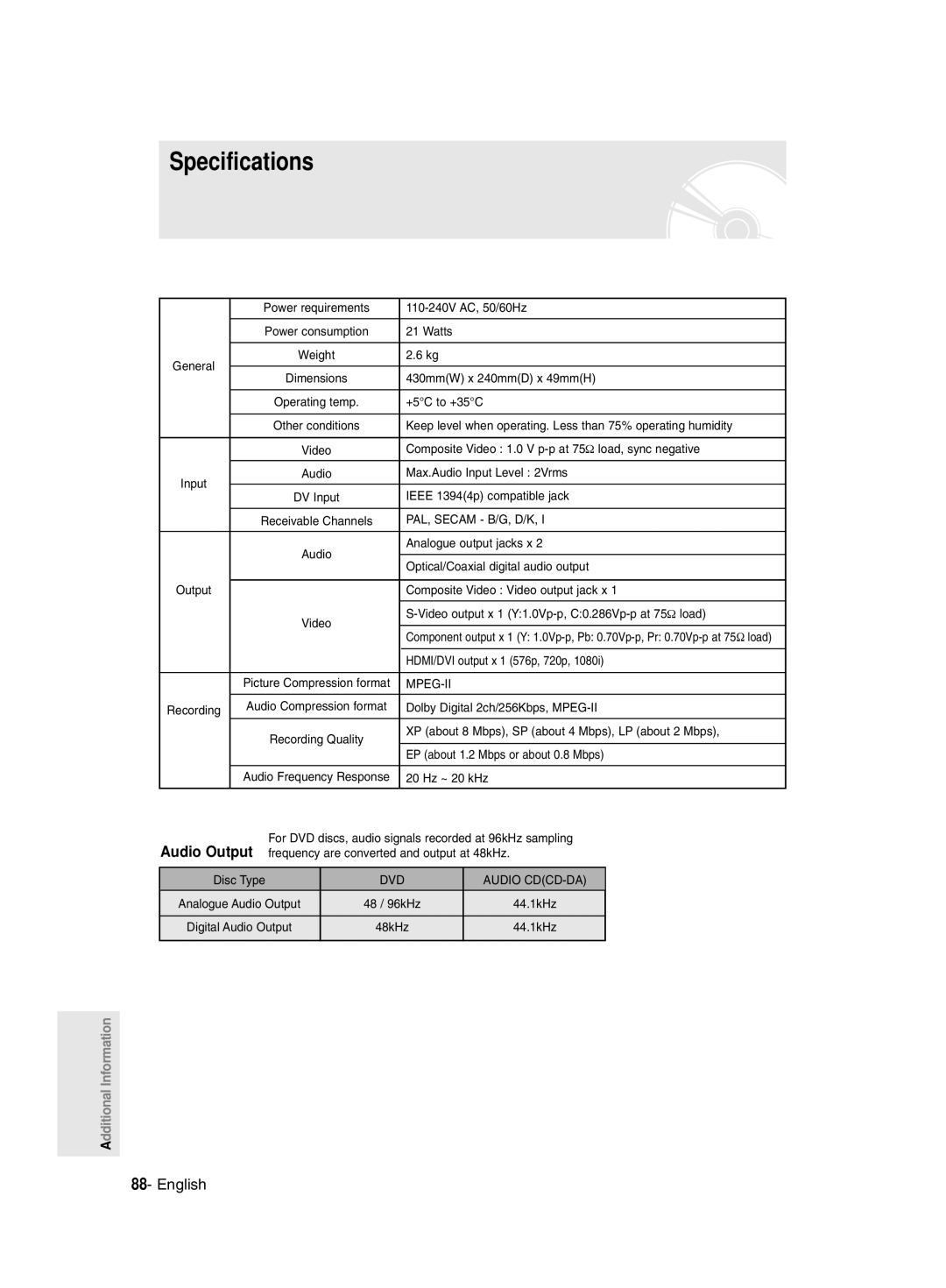 Samsung DVD-R135/UMG, DVD-R135/HAC, DVD-R135/XSG manual Specifications 