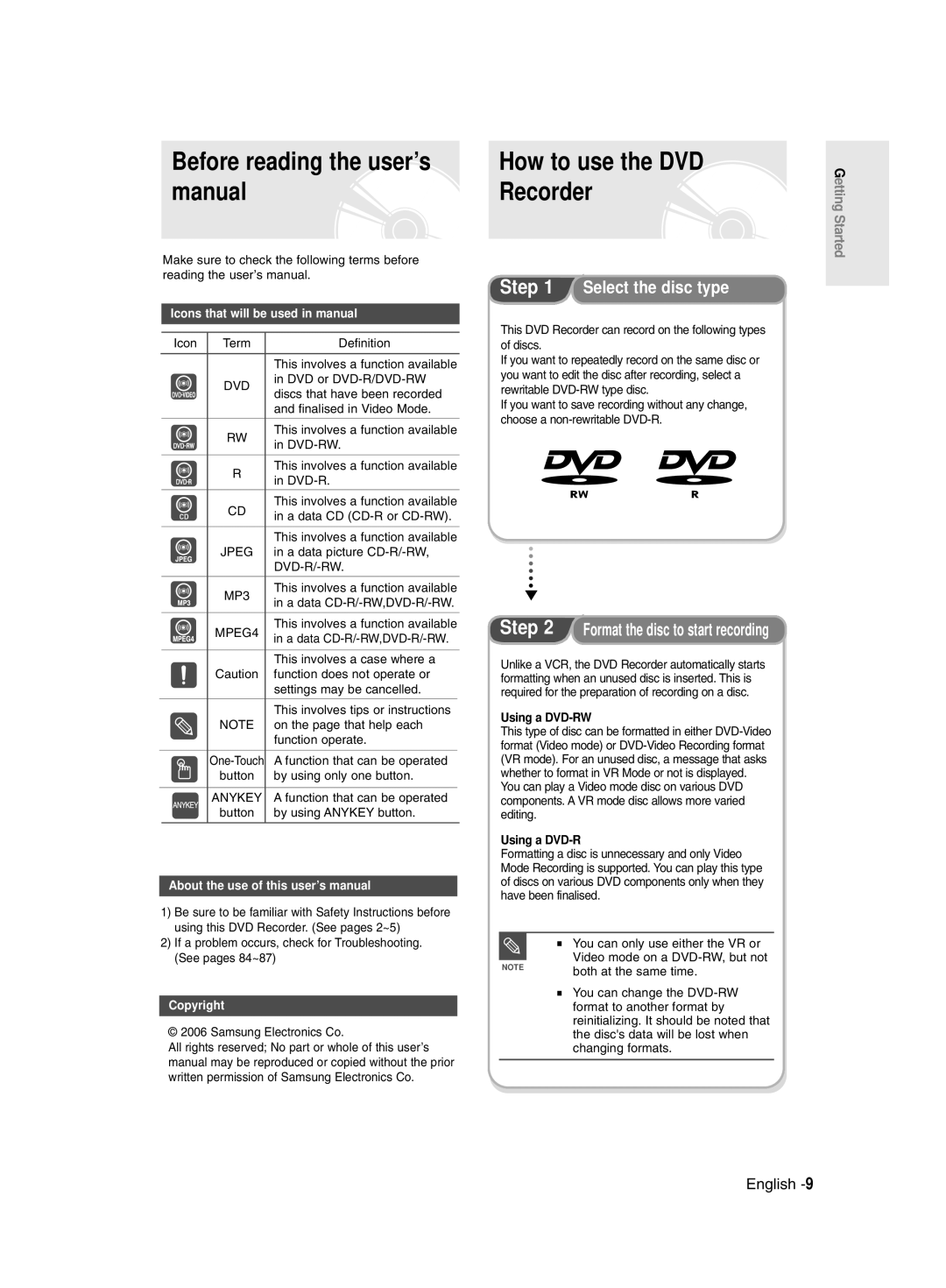 Samsung DVD-R135/HAC Before reading the user’s, Manual Recorder, Select the disc type, Format the disc to start recording 