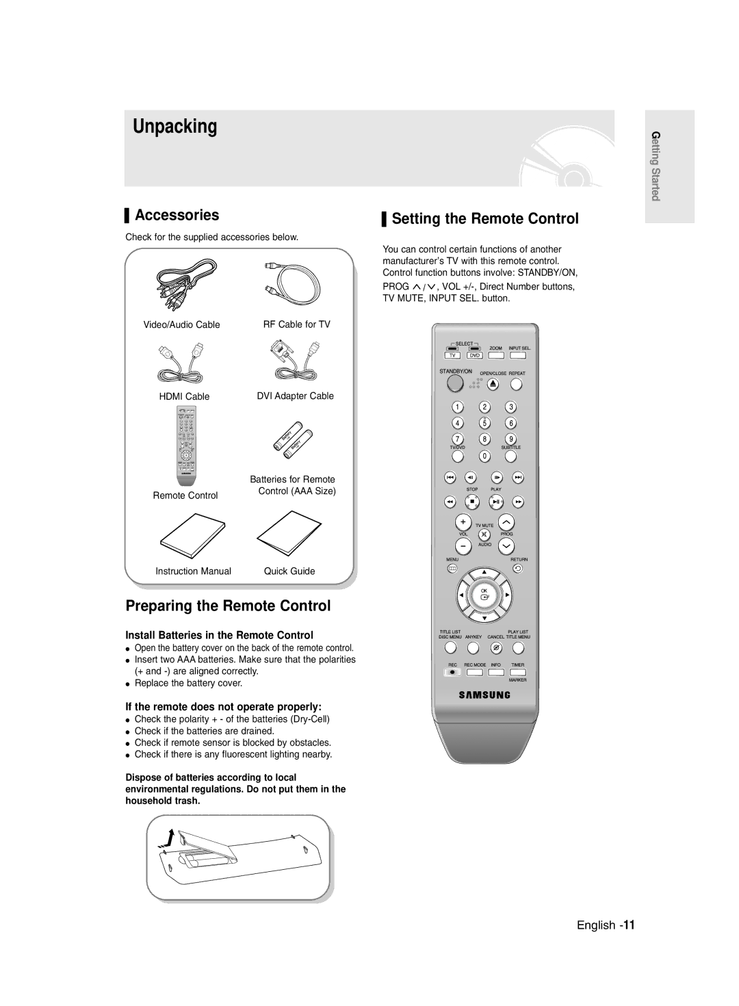 Samsung DVD-R135/UMG, DVD-R135/HAC manual Unpacking, Accessories, Preparing the Remote Control, Setting the Remote Control 