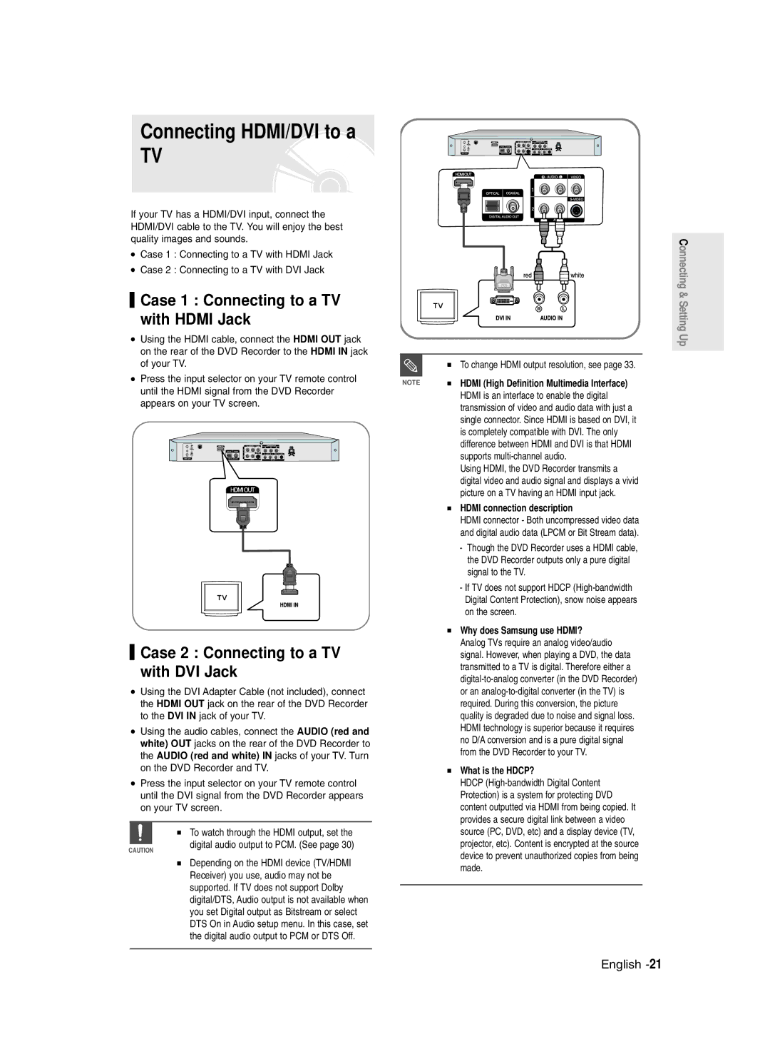 Samsung DVD-R135/UMG manual Connecting HDMI/DVI to a, Case 1 Connecting to a TV with Hdmi Jack, Case 2 Connecting to a TV 