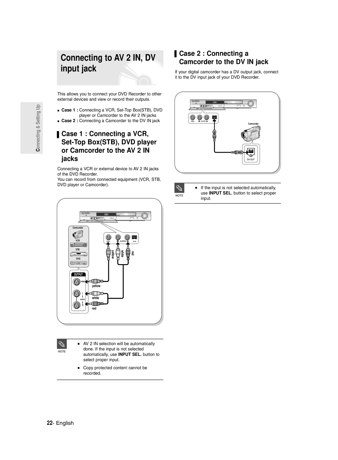 Samsung DVD-R135/HAC, DVD-R135/UMG Connecting to AV 2 IN, DV input jack, Case 2 Connecting a Camcorder to the DV in jack 