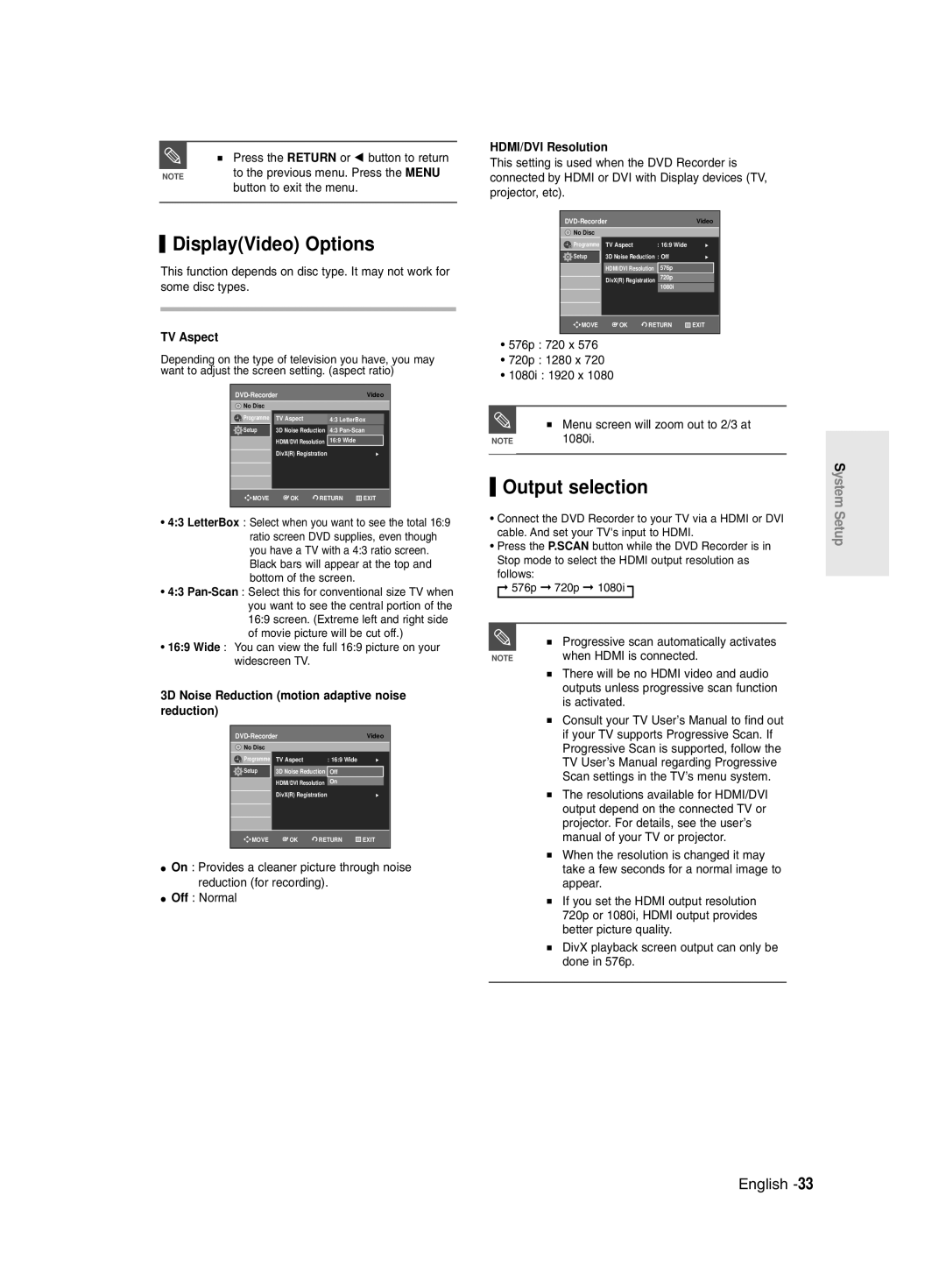 Samsung DVD-R135/UMG DisplayVideo Options, Output selection, TV Aspect, 3D Noise Reduction motion adaptive noise reduction 