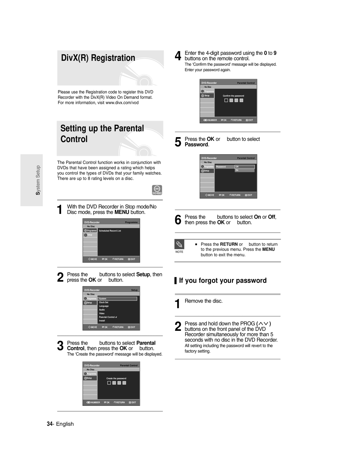 Samsung DVD-R135/HAC DivXR Registration Setting up the Parental Control, If you forgot your password, Remove the disc 