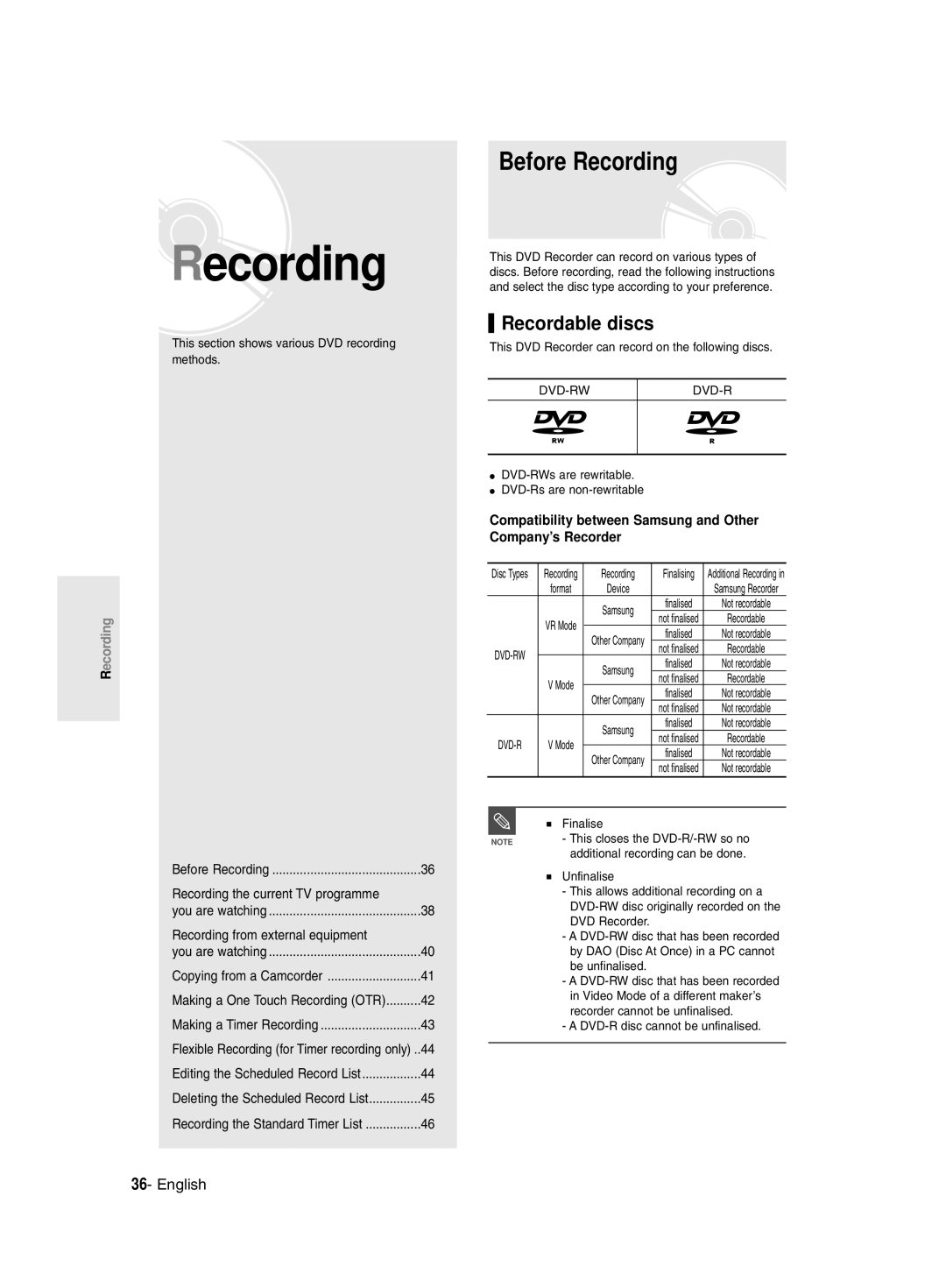 Samsung DVD-R135/HAC manual Before Recording, Recordable discs, Compatibility between Samsung and Other Company’s Recorder 