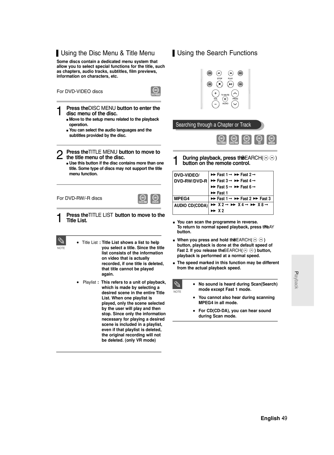 Samsung DVD-R135/UMG Using the Disc Menu & Title Menu, Using the Search Functions, Searching through a Chapter or Track 