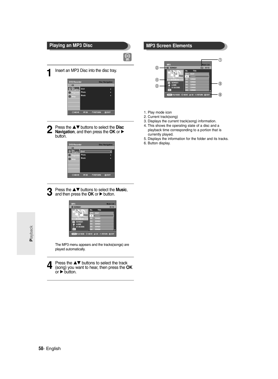 Samsung DVD-R135/HAC, DVD-R135/UMG manual Playing an MP3 Disc, MP3 Screen Elements, Insert an MP3 Disc into the disc tray 