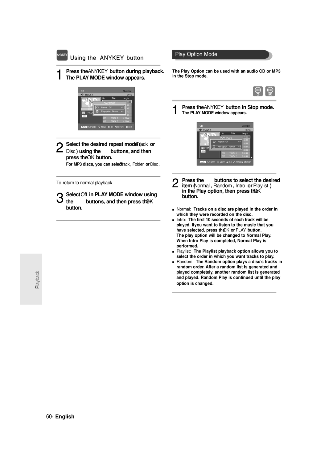 Samsung DVD-R135/HAC, DVD-R135/UMG manual Play Option Mode, For MP3 discs, you can select Track, Folder or Disc 