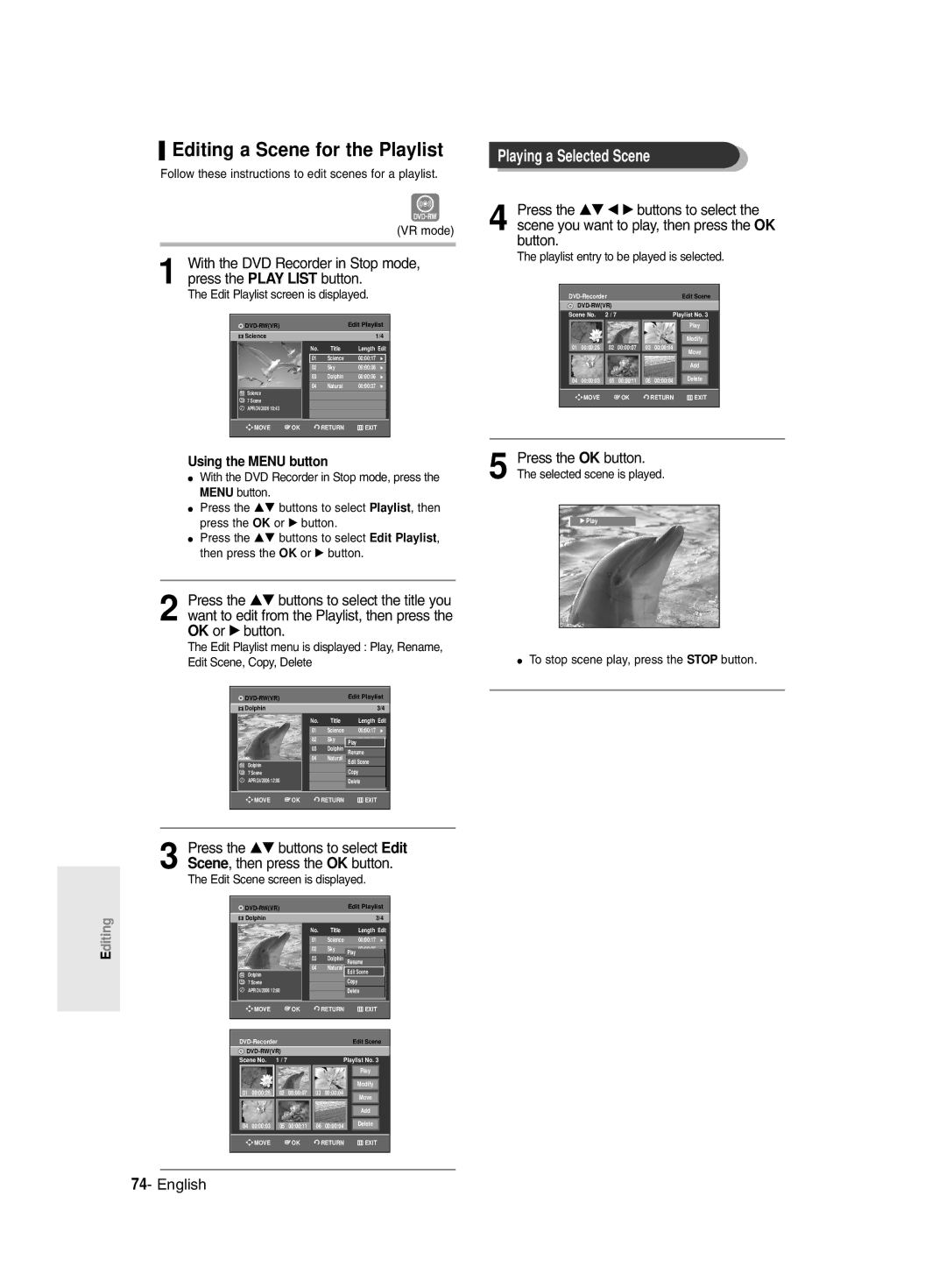 Samsung DVD-R135/HAC manual Editing a Scene for the Playlist, Playing a Selected Scene, Edit Scene screen is displayed 