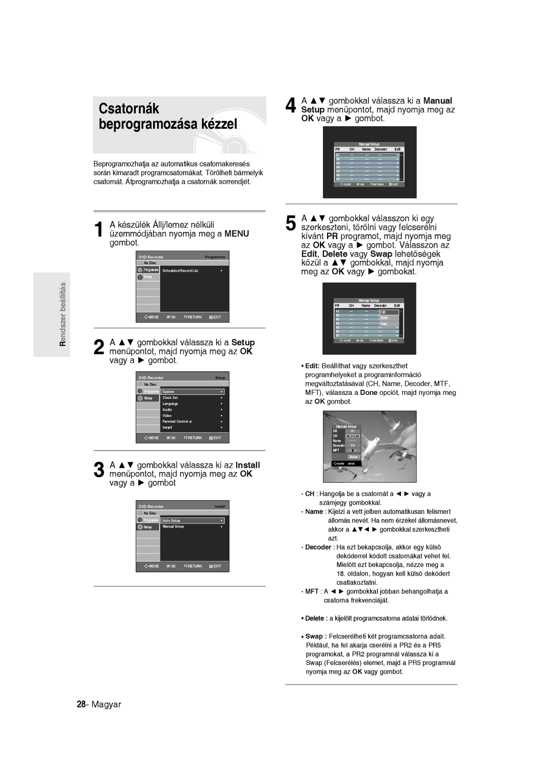 Samsung DVD-R135/EUR, DVD-R135/XEB Csatornák beprogramozása kézzel, Oldalon, hogyan kell külsô dekódert csatlakoztatni 