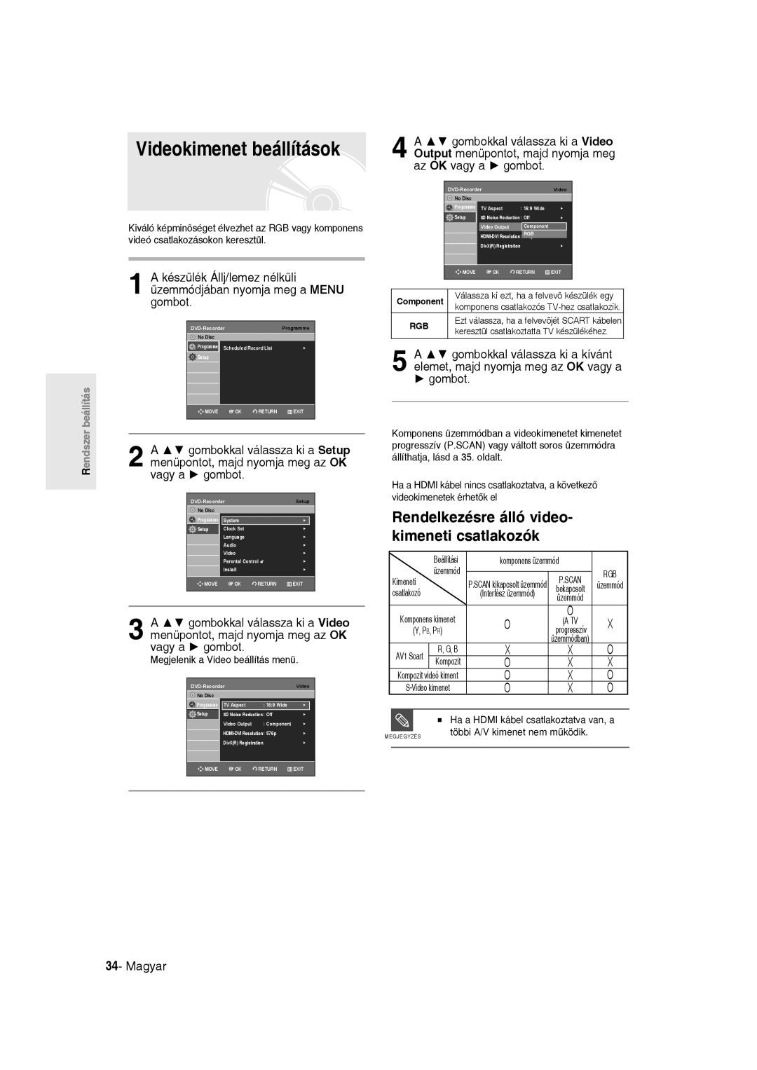 Samsung DVD-R135/EUR, DVD-R135/XEB, DVD-R135/XEH Videokimenet beállítások, Rendelkezésre álló video Kimeneti csatlakozók 