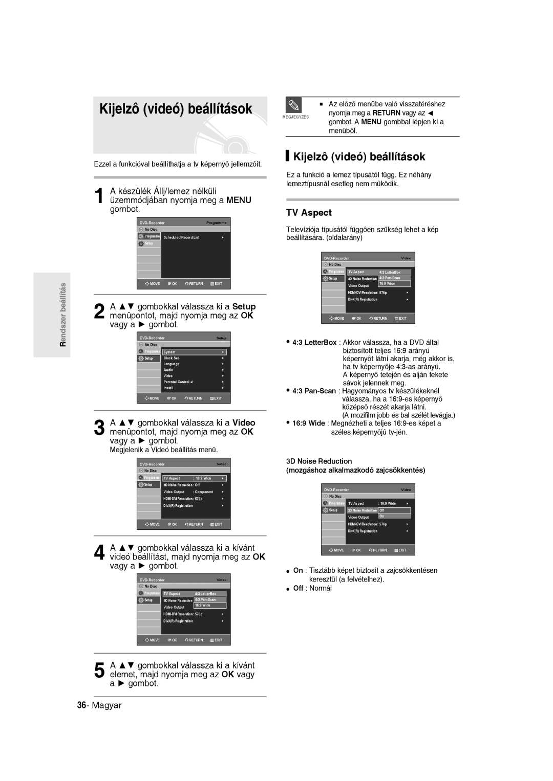 Samsung DVD-R135/XEB manual Kijelzô videó beállítások, TV Aspect, 3D Noise Reduction Mozgáshoz alkalmazkodó zajcsökkentés 