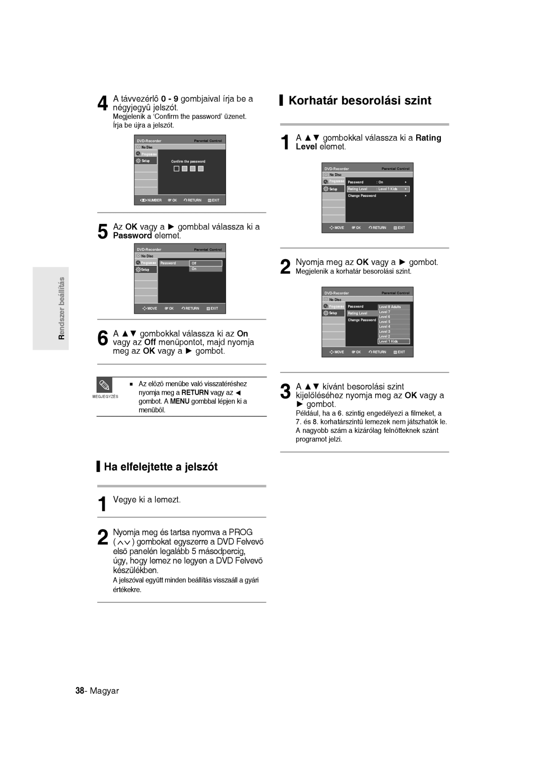 Samsung DVD-R135/XEH, DVD-R135/XEB, DVD-R135/EUR manual Ha elfelejtette a jelszót 