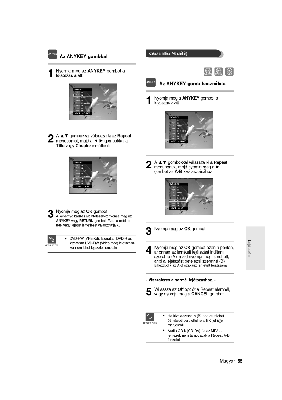 Samsung DVD-R135/EUR, DVD-R135/XEB manual Az Anykey gombbal, Szakasz ismétlése A-B ismétlés, Az Anykey gomb használata 