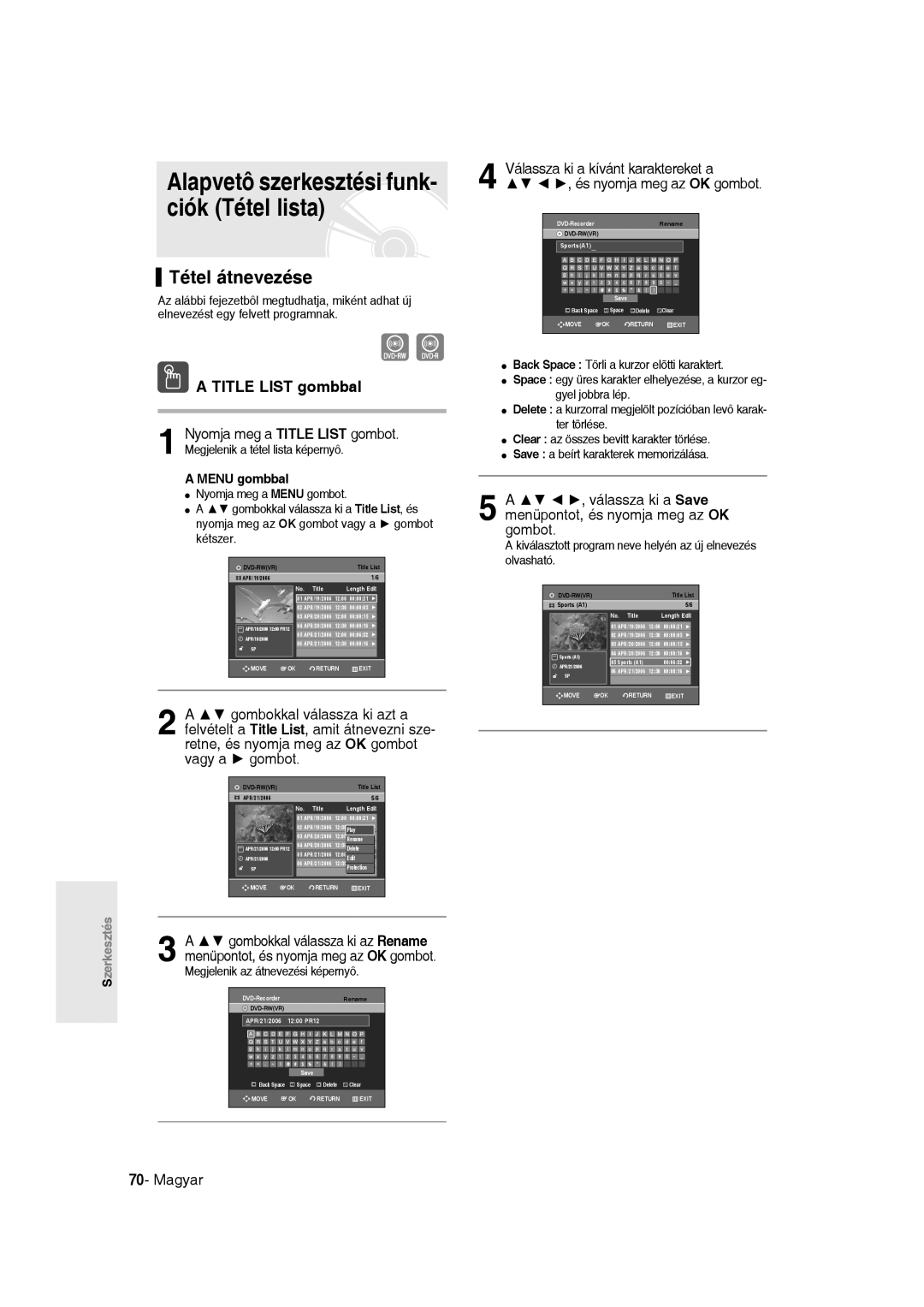 Samsung DVD-R135/EUR, DVD-R135/XEB manual Alapvetô szerkesztési funk- ciók Tétel lista, Tétel átnevezése, Menu gombbal 